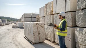 contractor inspecting granite blocks